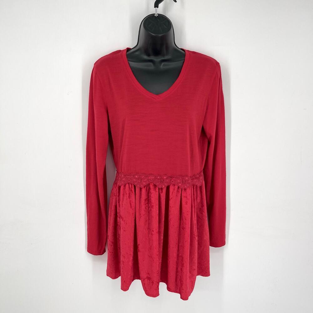 Seg’ments Merino Wool V-Neck Tunic Top Sz M Red Pleated Textured Lower Lace